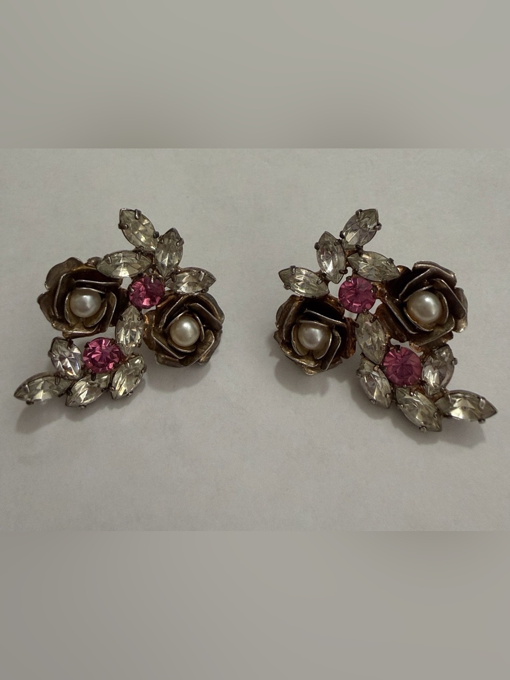 Aurora Earrings Pierced Pink White Rhinestone Faux Pearls
